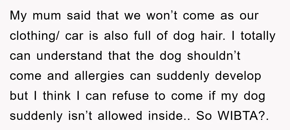 My mum said that we won’t come as our clothing/ car is also full of dog hair. I totally can understand that the dog shouldn’t come and allergies can suddenly...