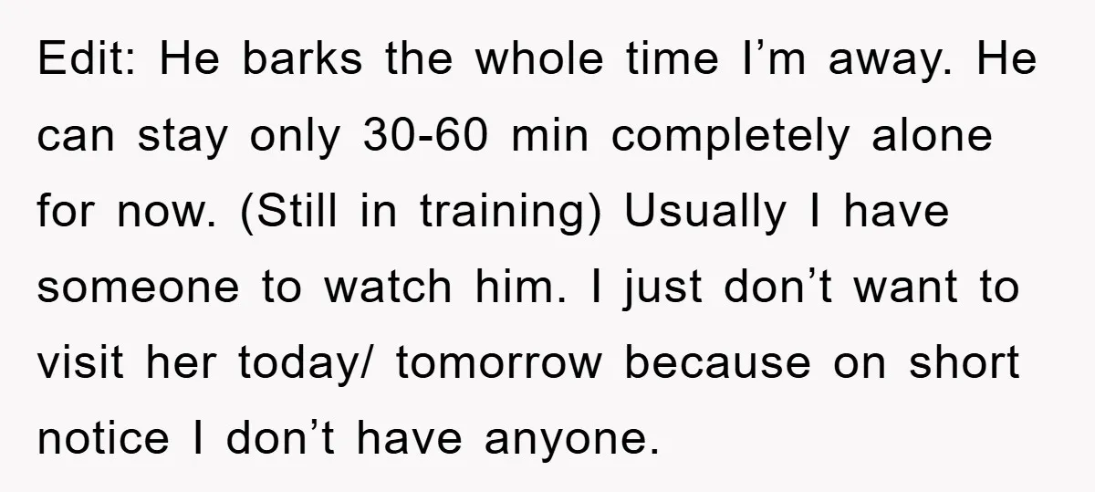 Edit: He barks the whole time I’m away. He can stay only 30-60 min completely alone for now. (Still in training) Usually I have someone to watch him. I just...