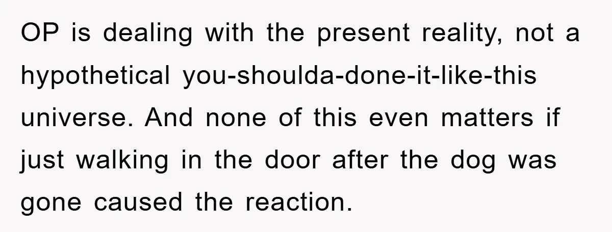 OP is dealing with the present reality, not a hypothetical you-shoulda-done-it-like-this universe. And none of this even matters if just walking in the door after the dog was gone caused...
