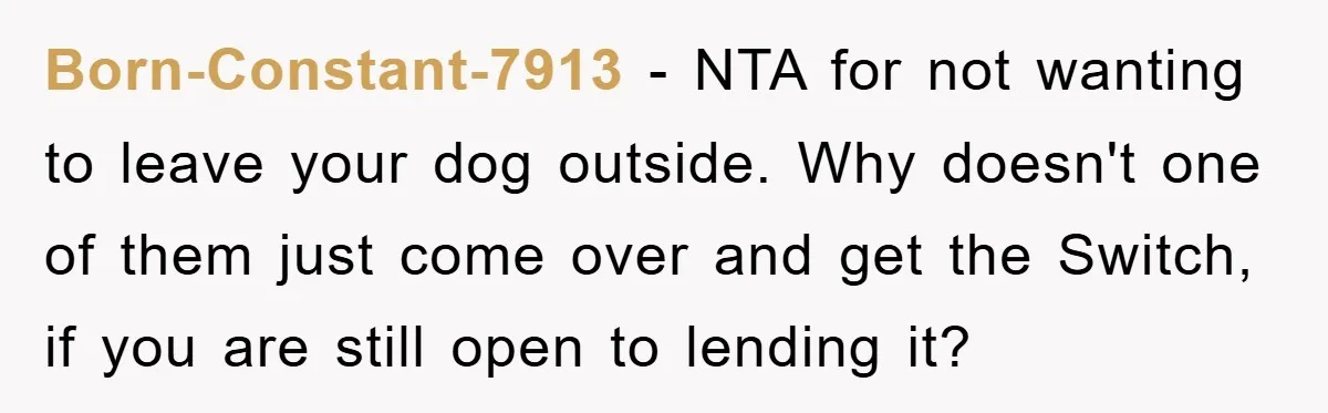 Born-Constant-7913 − NTA for not wanting to leave your dog outside. Why doesn't one of them just come over and get the Switch, if you are still open to lending...