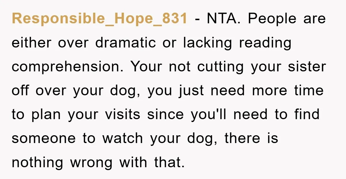 Responsible_Hope_831 − NTA. People are either over dramatic or lacking reading comprehension. Your not cutting your sister off over your dog, you just need more time to plan your visits...