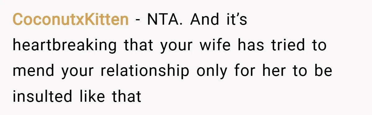 CoconutxKitten − NTA. And it’s heartbreaking that your wife has tried to mend your relationship only for her to be insulted like that