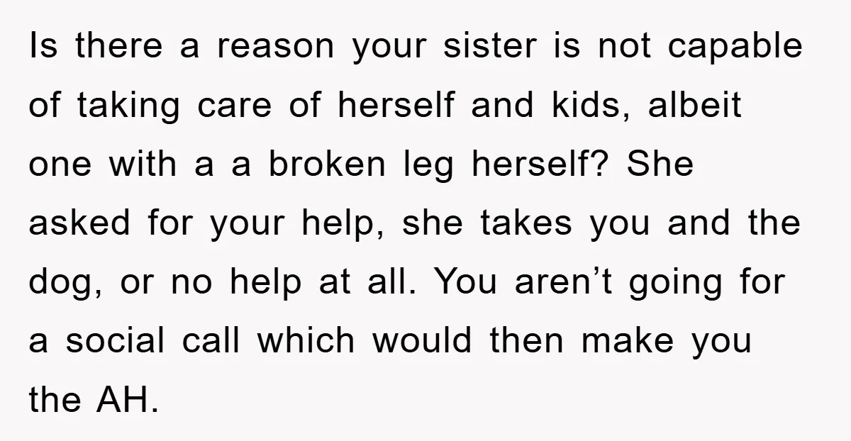 Is there a reason your sister is not capable of taking care of herself and kids, albeit one with a a broken leg herself? She asked for your help, she...
