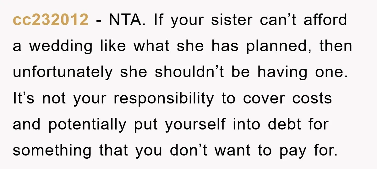cc232012 − NTA. If your sister can’t afford a wedding like what she has planned, then unfortunately she shouldn’t be having one. It’s not your responsibility to cover costs and...