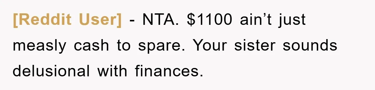 [Reddit User] − NTA. $1100 ain’t just measly cash to spare. Your sister sounds delusional with finances.