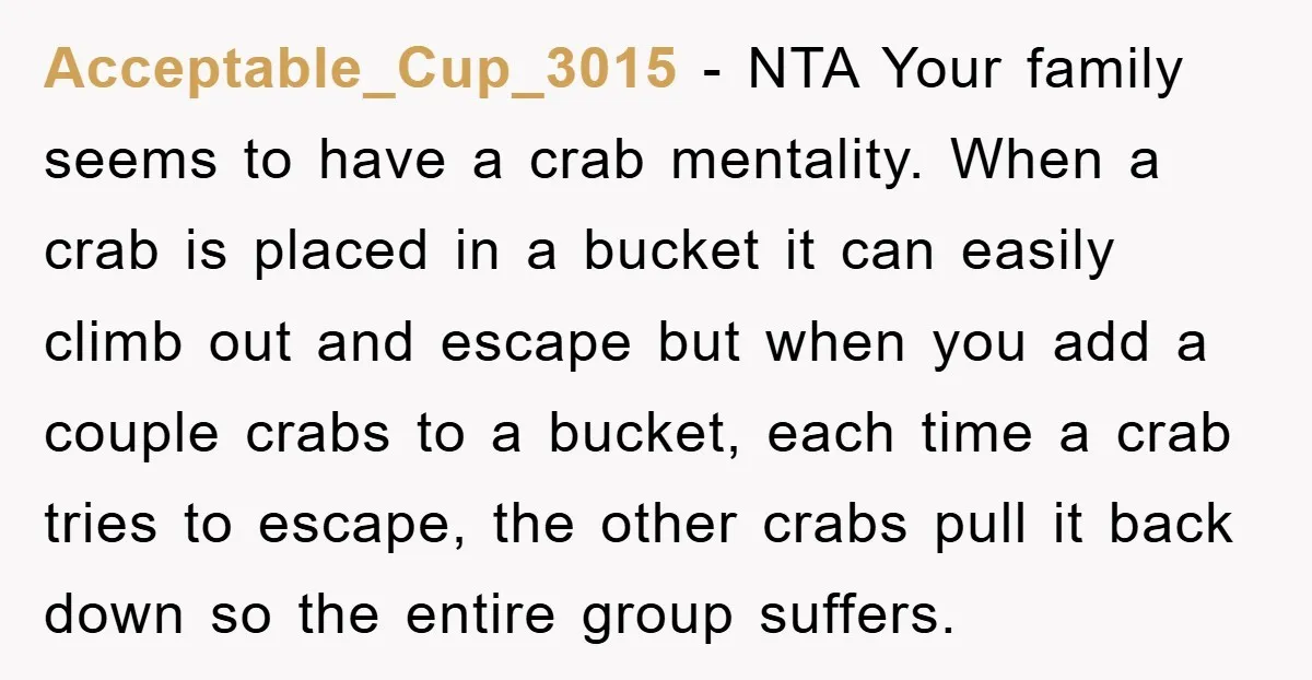 Acceptable_Cup_3015 − NTA Your family seems to have a crab mentality. When a crab is placed in a bucket it can easily climb out and escape but when you add...