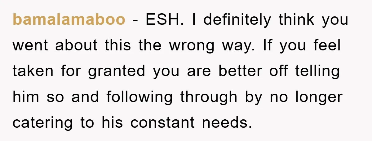 bamalamaboo − ESH. I definitely think you went about this the wrong way. If you feel taken for granted you are better off telling him so and following through by...