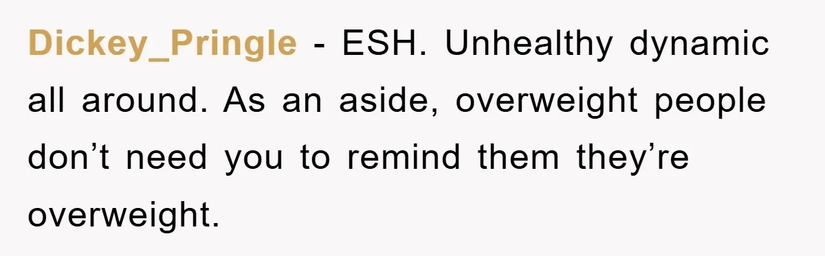 Dickey_Pringle − ESH. Unhealthy dynamic all around. As an aside, overweight people don’t need you to remind them they’re overweight.