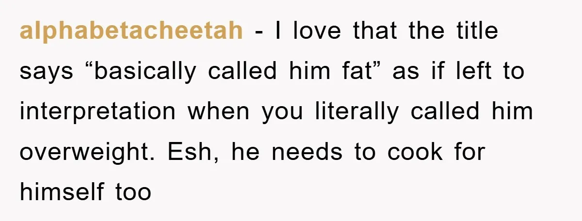 alphabetacheetah − I love that the title says “basically called him fat” as if left to interpretation when you literally called him overweight. Esh, he needs to cook for himself...