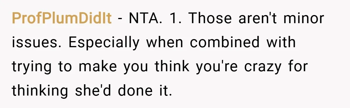 ProfPlumDidIt − NTA. 1. Those aren't minor issues. Especially when combined with trying to make you think you're crazy for thinking she'd done it.