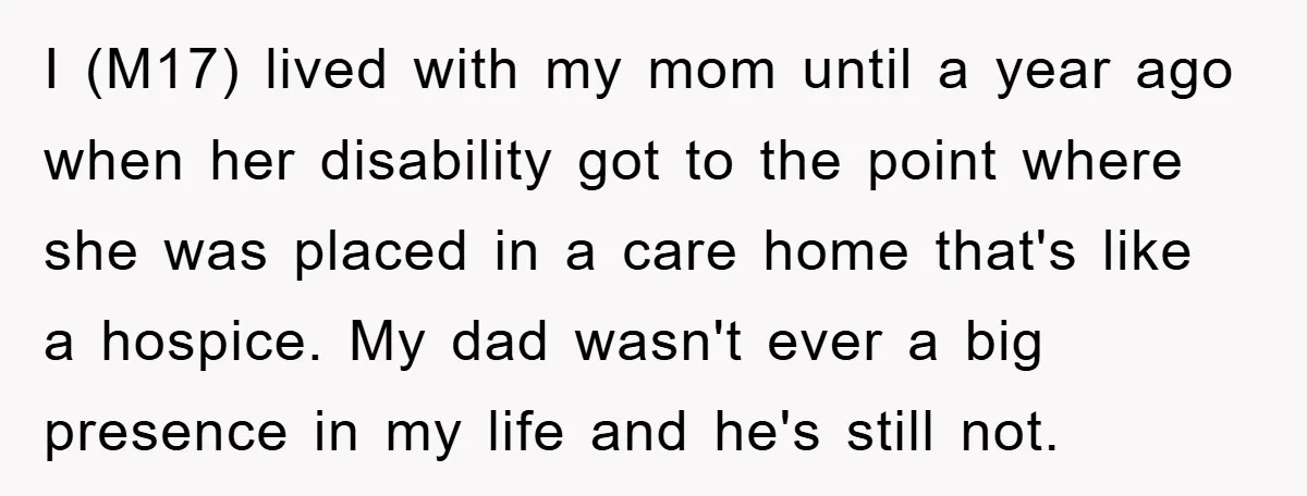 I (M17) lived with my mom until a year ago when her disability got to the point where she was placed in a care home that's like a hospice. My...