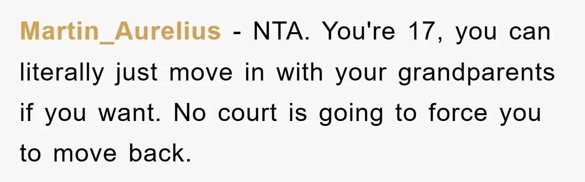 Martin_Aurelius − NTA. You're 17, you can literally just move in with your grandparents if you want. No court is going to force you to move back.
