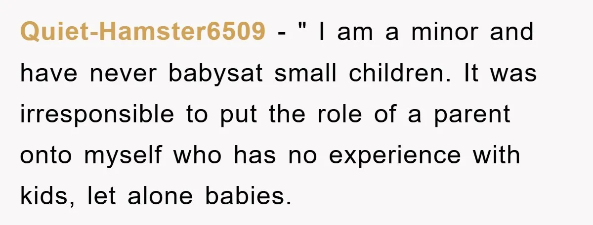 Quiet-Hamster6509 − " I am a minor and have never babysat small children. It was irresponsible to put the role of a parent onto myself who has no experience with...