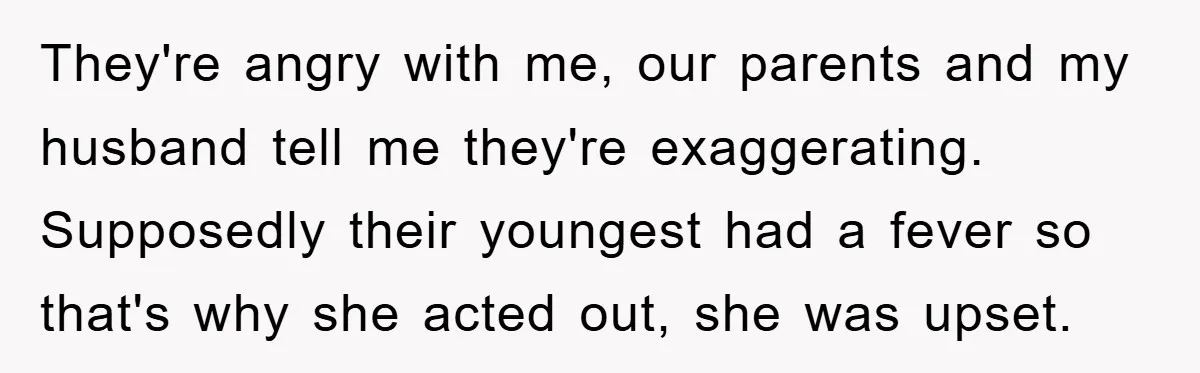 They're angry with me, our parents and my husband tell me they're exaggerating. Supposedly their youngest had a fever so that's why she acted out, she was upset.