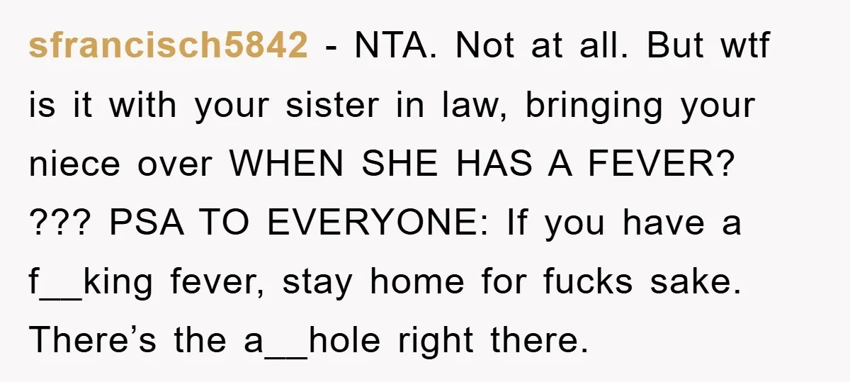 sfrancisch5842 − NTA. Not at all. But wtf is it with your sister in law, bringing your niece over WHEN SHE HAS A FEVER? ??? PSA TO EVERYONE: If you...