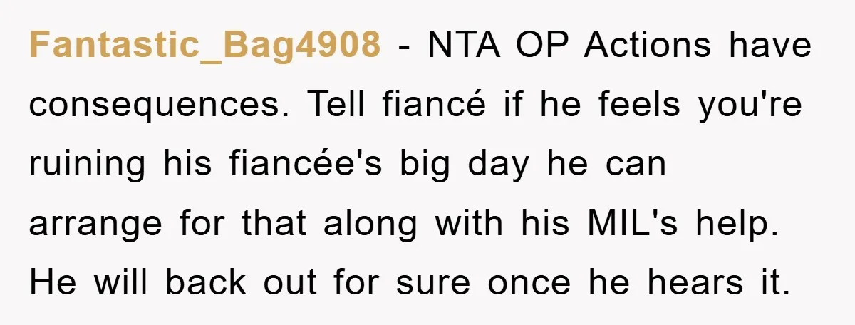 Fantastic_Bag4908 − NTA OP Actions have consequences. Tell fiancé if he feels you're ruining his fiancée's big day he can arrange for that along with his MIL's help. He will...