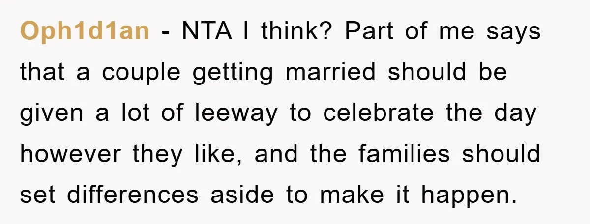 Oph1d1an − NTA I think? Part of me says that a couple getting married should be given a lot of leeway to celebrate the day however they like, and the...