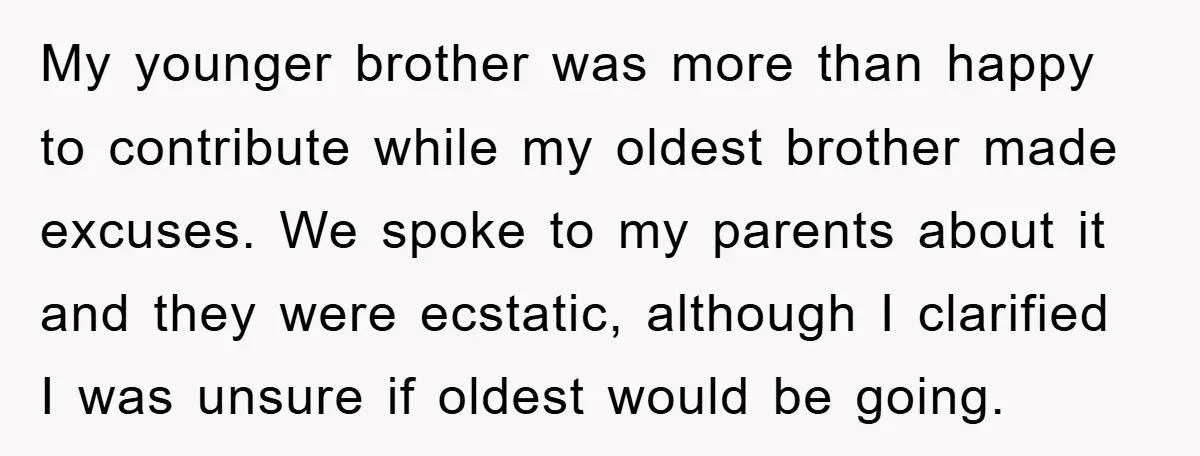 My younger brother was more than happy to contribute while my oldest brother made excuses. We spoke to my parents about it and they were ecstatic, although I clarified I...