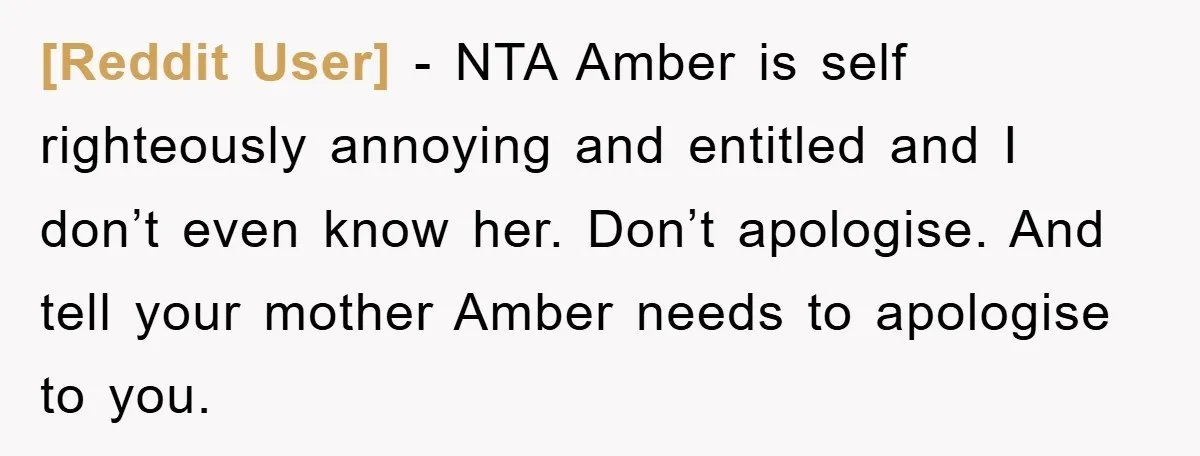 [Reddit User] − NTA Amber is self righteously annoying and entitled and I don’t even know her. Don’t apologise. And tell your mother Amber needs to apologise to you.