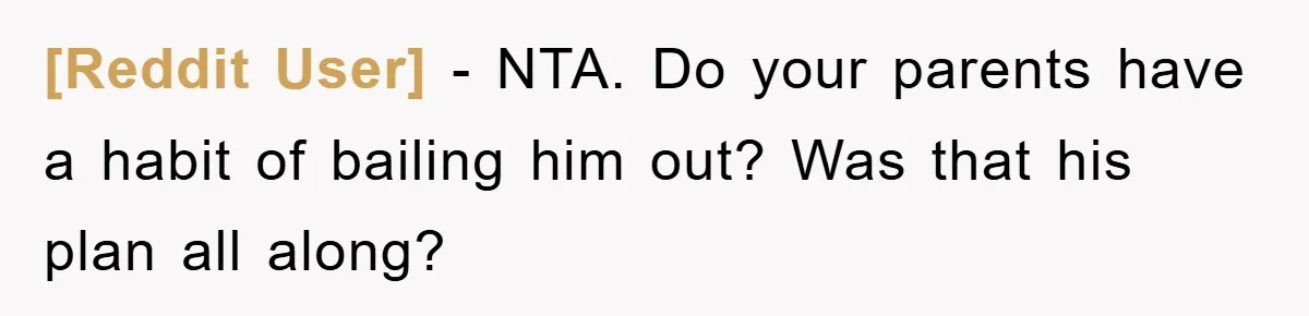 [Reddit User] − NTA. Do your parents have a habit of bailing him out? Was that his plan all along?