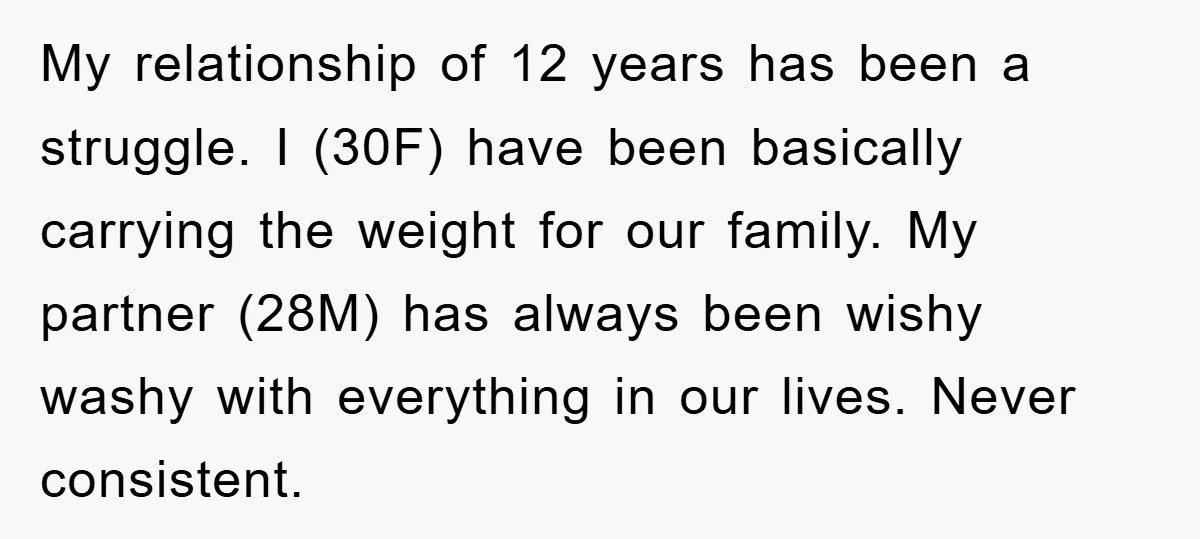 My relationship of 12 years has been a struggle. I (30F) have been basically carrying the weight for our family. My partner (28M) has always been wishy washy with everything...