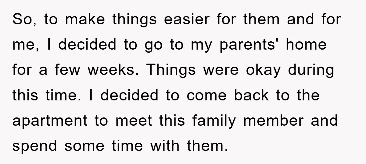So, to make things easier for them and for me, I decided to go to my parents' home for a few weeks. Things were okay during this time. I decided...