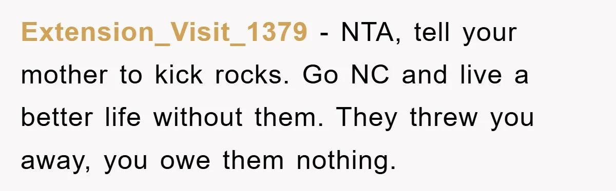 Extension_Visit_1379 − NTA, tell your mother to kick rocks. Go NC and live a better life without them. They threw you away, you owe them nothing.