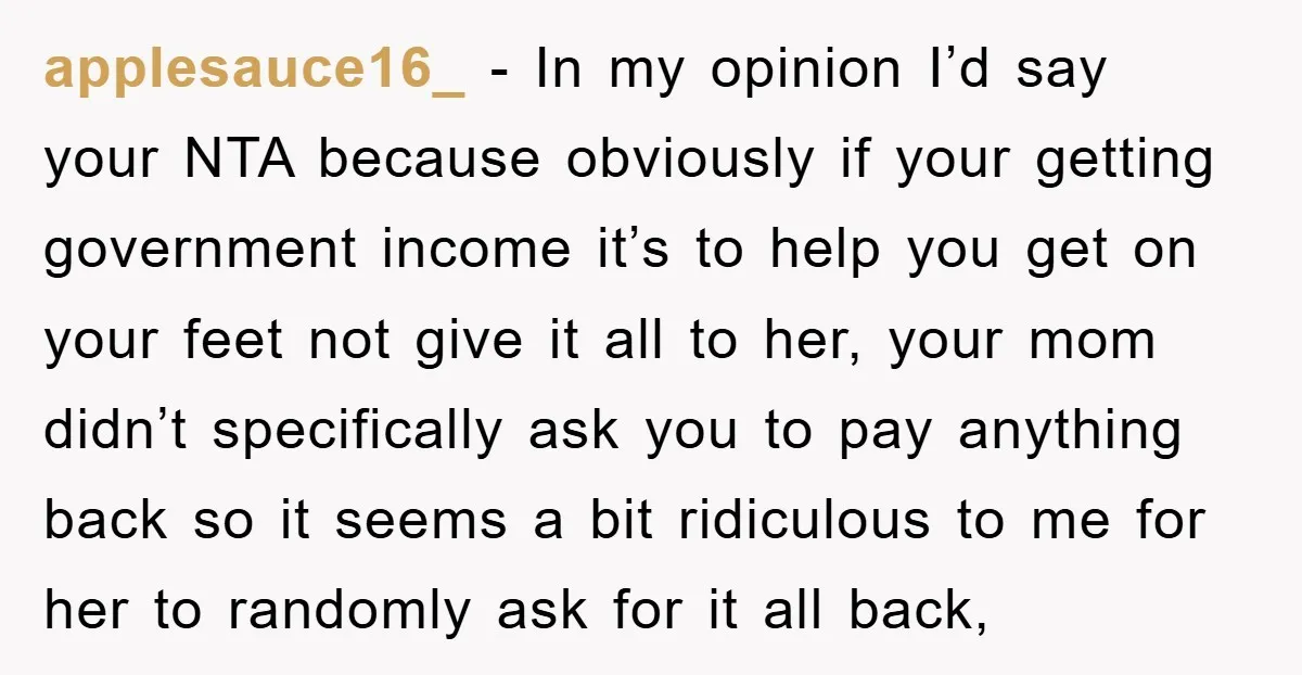applesauce16_ − In my opinion I’d say your NTA because obviously if your getting government income it’s to help you get on your feet not give it all to her,...