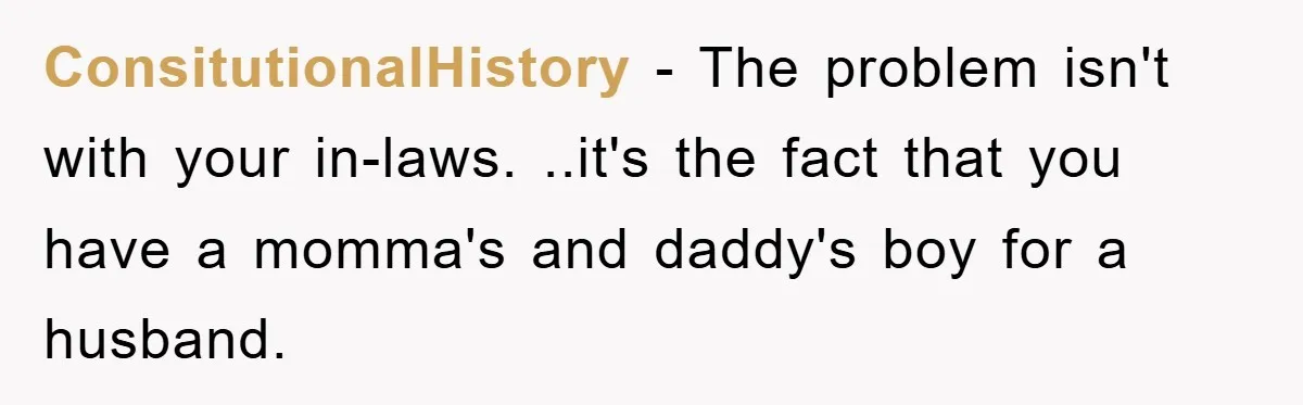 ConsitutionalHistory − The problem isn't with your in-laws. ..it's the fact that you have a momma's and daddy's boy for a husband.