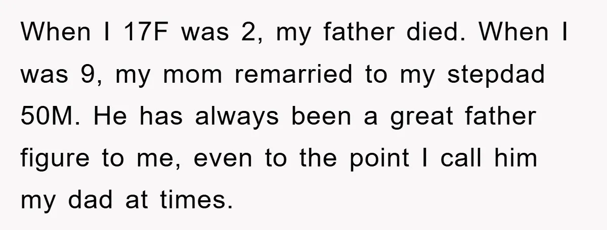 When I 17F was 2, my father died. When I was 9, my mom remarried to my stepdad 50M. He has always been a great father figure to me, even...