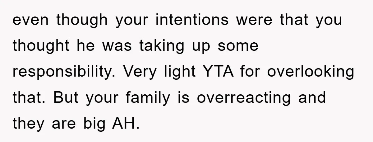 even though your intentions were that you thought he was taking up some responsibility. Very light YTA for overlooking that. But your family is overreacting and they are big AH.