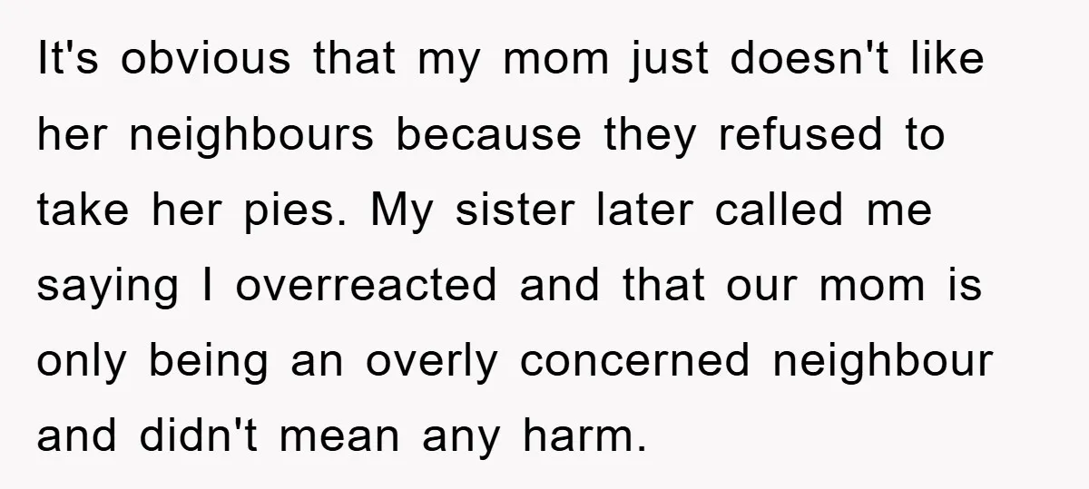 It's obvious that my mom just doesn't like her neighbours because they refused to take her pies. My sister later called me saying I overreacted and that our mom is...