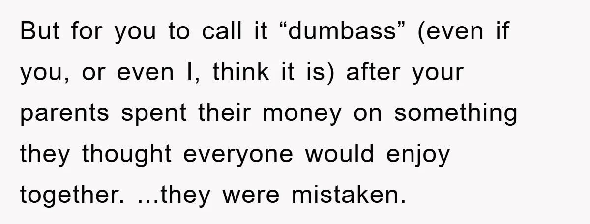 But for you to call it “dumbass” (even if you, or even I, think it is) after your parents spent their money on something they thought everyone would enjoy together....