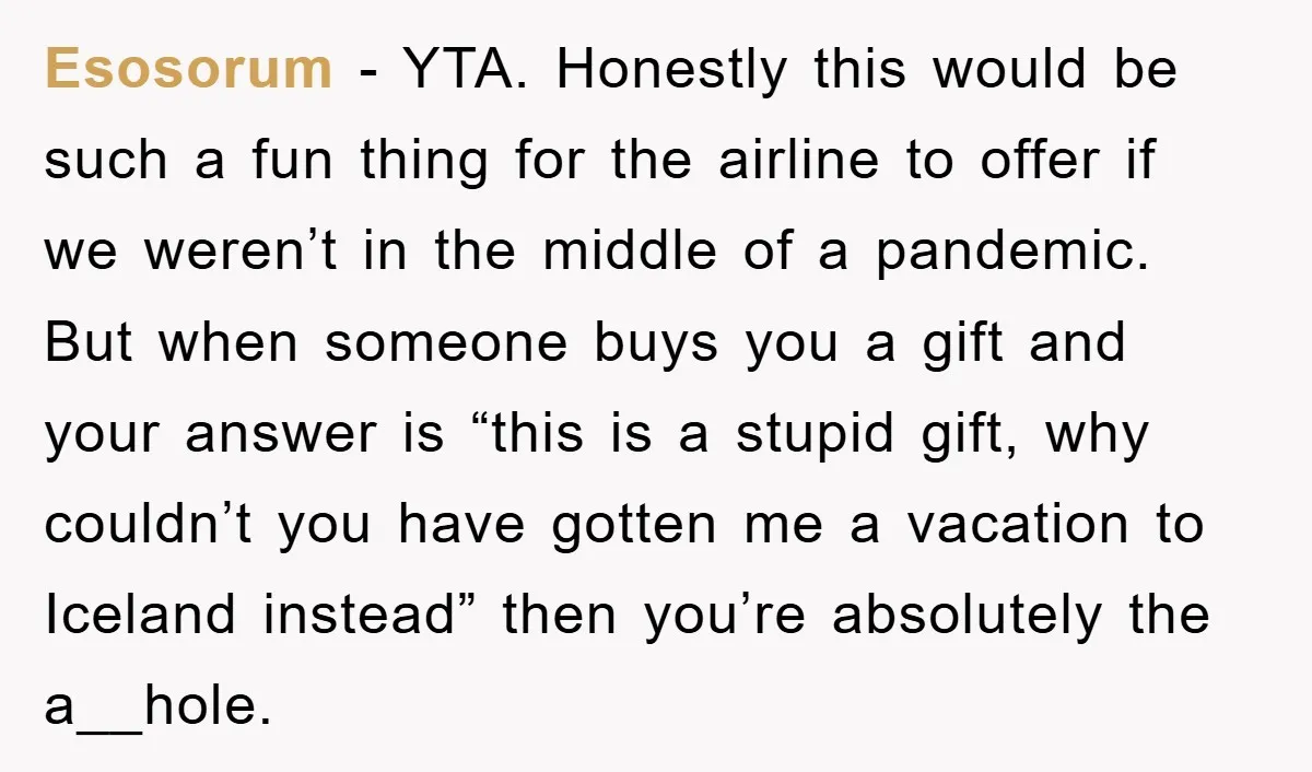 Esosorum − YTA. Honestly this would be such a fun thing for the airline to offer if we weren’t in the middle of a pandemic. But when someone buys you...