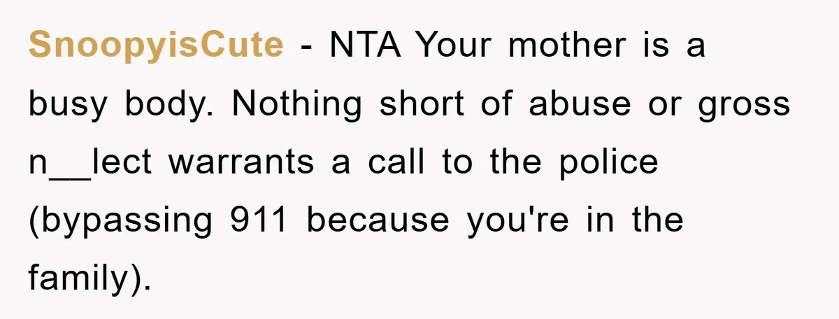 SnoopyisCute − NTA Your mother is a busy body. Nothing short of abuse or gross n__lect warrants a call to the police (bypassing 911 because you're in the family).