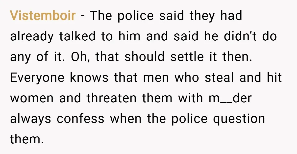 Vistemboir − The police said they had already talked to him and said he didn’t do any of it. Oh, that should settle it then. Everyone knows that men who...