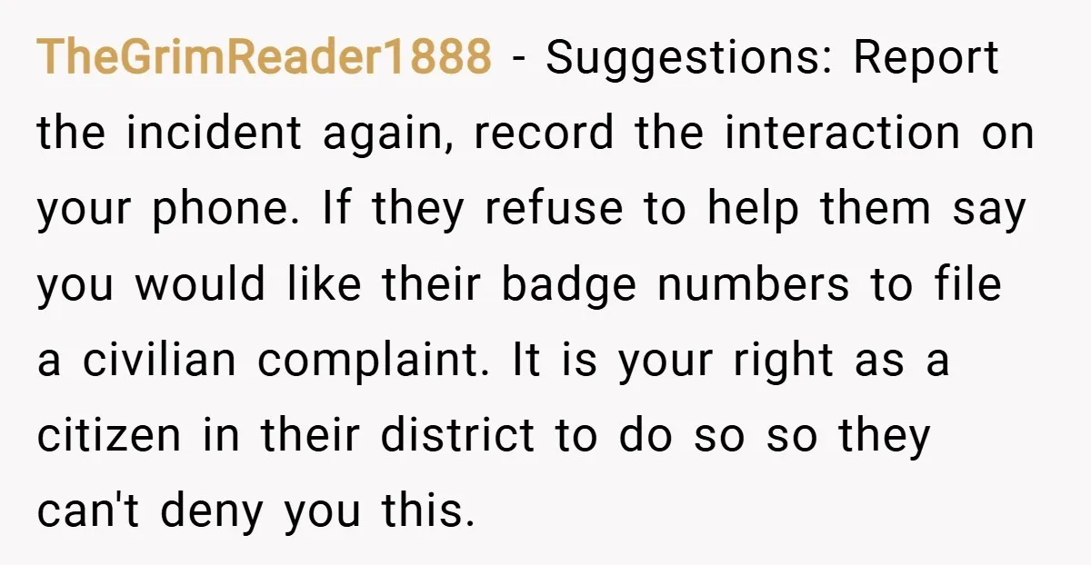 TheGrimReader1888 − Suggestions: Report the incident again, record the interaction on your phone. If they refuse to help them say you would like their badge numbers to file a civilian...