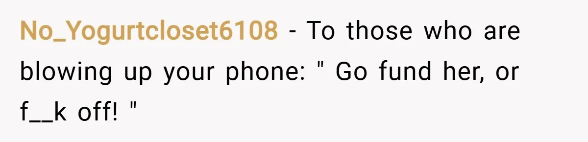 No_Yogurtcloset6108 − To those who are blowing up your phone: " Go fund her, or f__k off! "