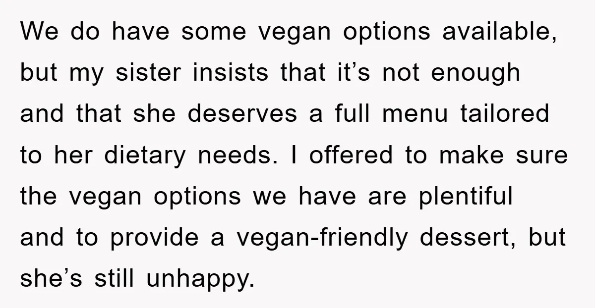 We do have some vegan options available, but my sister insists that it’s not enough and that she deserves a full menu tailored to her dietary needs. I offered to...