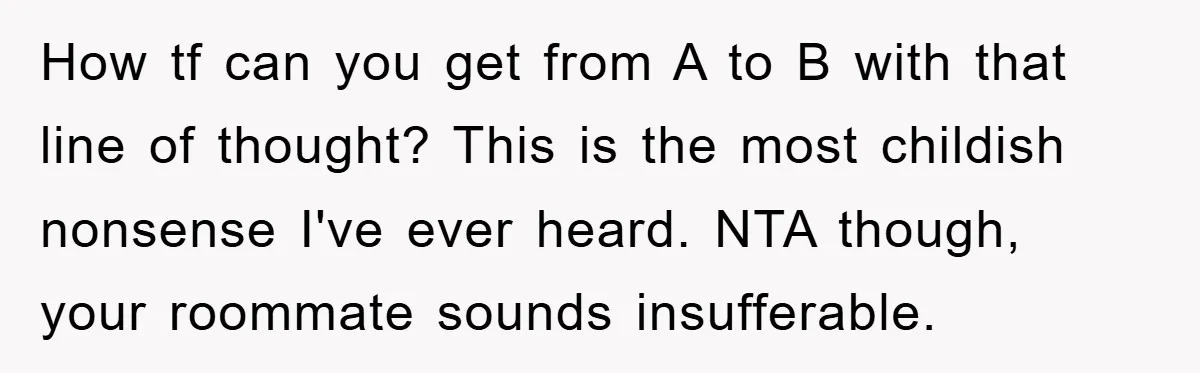 How tf can you get from A to B with that line of thought? This is the most childish nonsense I've ever heard. NTA though, your roommate sounds insufferable.