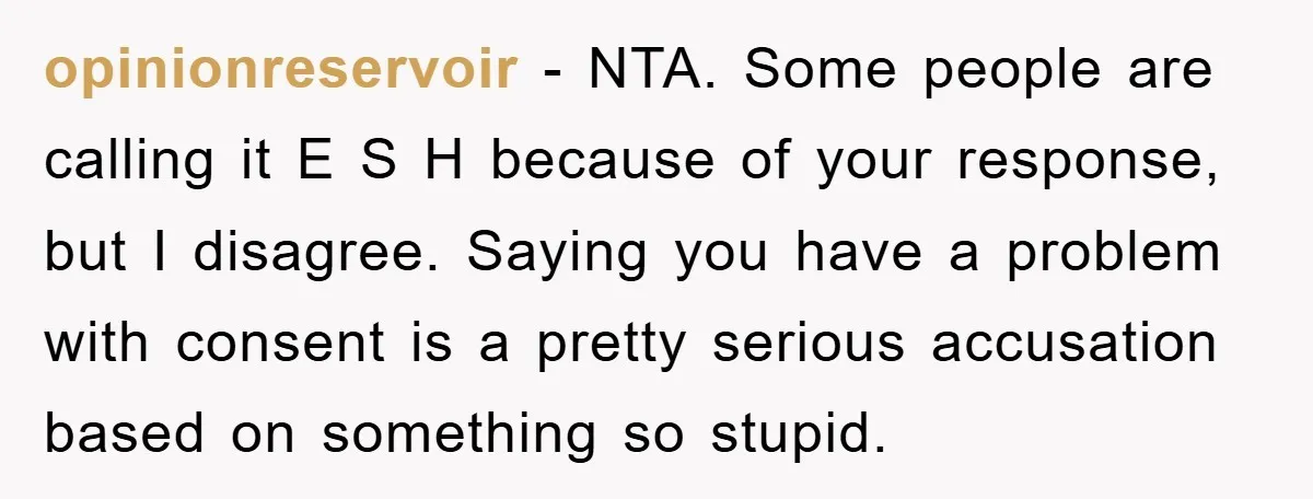 opinionreservoir − NTA. Some people are calling it E S H because of your response, but I disagree. Saying you have a problem with consent is a pretty serious accusation...