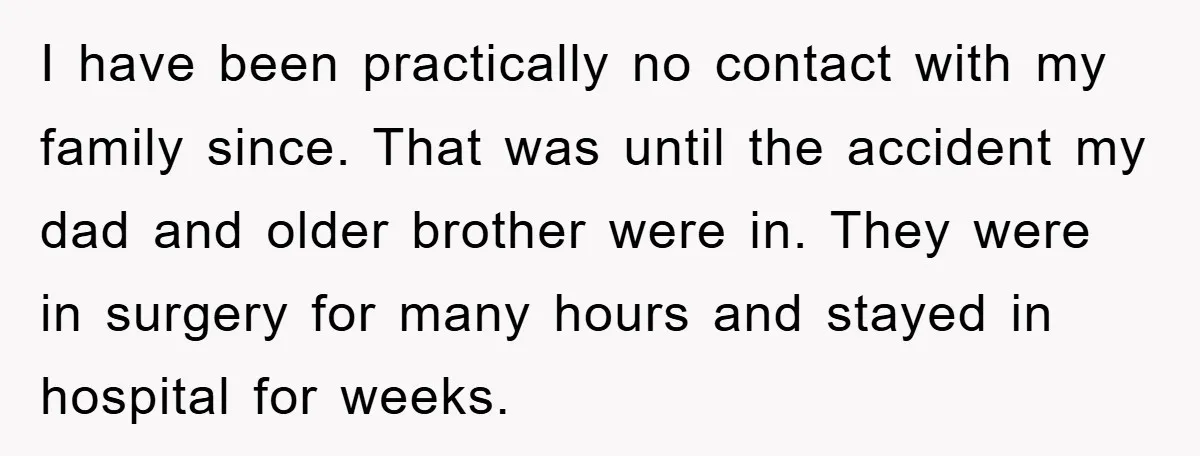 I have been practically no contact with my family since. That was until the accident my dad and older brother were in. They were in surgery for many hours and...