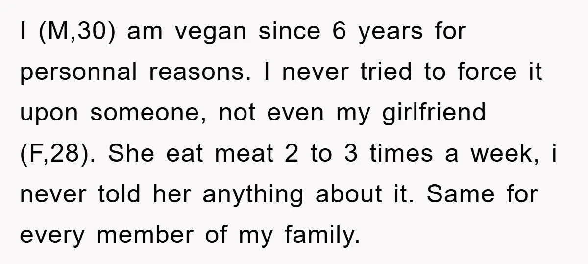 I (M,30) am vegan since 6 years for personnal reasons. I never tried to force it upon someone, not even my girlfriend (F,28). She eat meat 2 to 3 times...