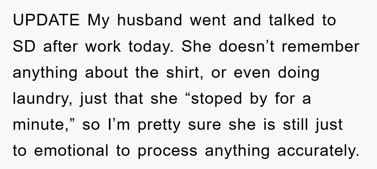UPDATE My husband went and talked to SD after work today. She doesn’t remember anything about the shirt, or even doing laundry, just that she “stoped by for a minute,”...