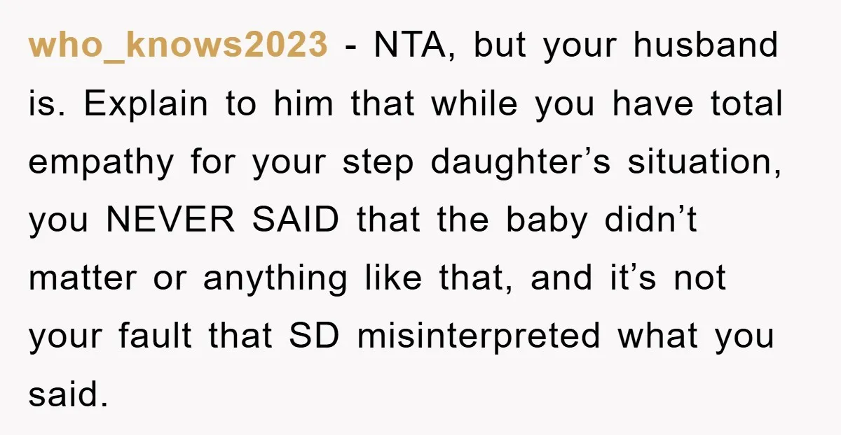 who_knows2023 − NTA, but your husband is. Explain to him that while you have total empathy for your step daughter’s situation, you NEVER SAID that the baby didn’t matter or...