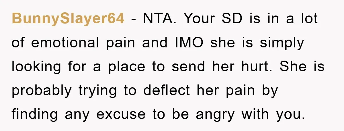 BunnySlayer64 − NTA. Your SD is in a lot of emotional pain and IMO she is simply looking for a place to send her hurt. She is probably trying to...