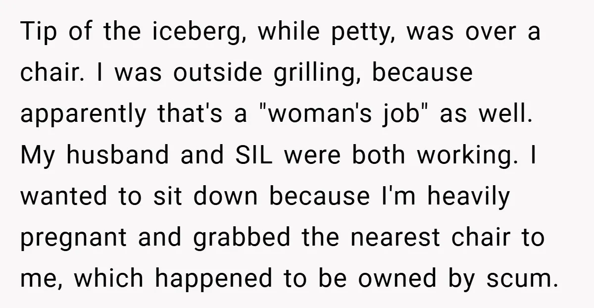 Tip of the iceberg, while petty, was over a chair. I was outside grilling, because apparently that's a "woman's job" as well. My husband and SIL were both working. I...