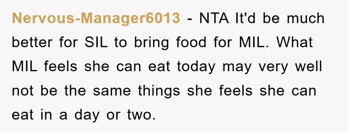 Nervous-Manager6013 − NTA It'd be much better for SIL to bring food for MIL. What MIL feels she can eat today may very well not be the same things she...