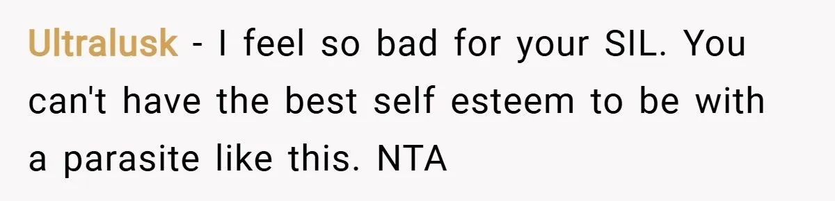 Ultralusk − I feel so bad for your SIL. You can't have the best self esteem to be with a parasite like this. NTA