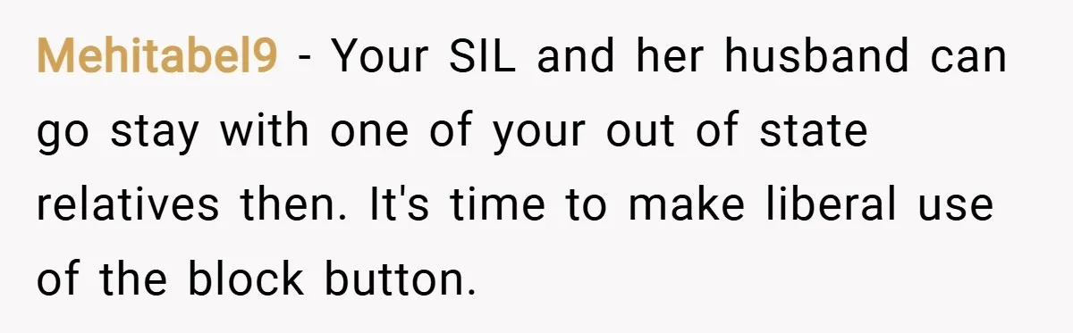 Mehitabel9 − Your SIL and her husband can go stay with one of your out of state relatives then. It's time to make liberal use of the block button.